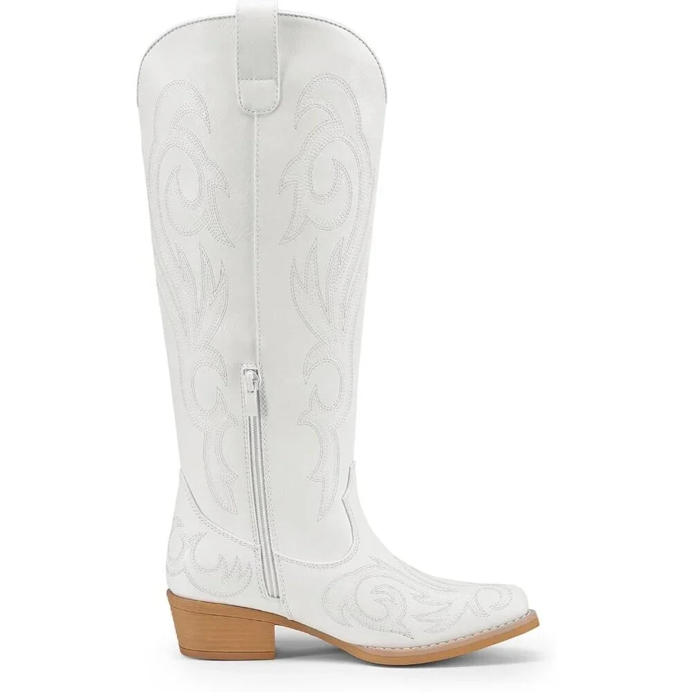 Women Faux Leather White Knee High Chunky Heel Side Zipper Embroidered Boot
